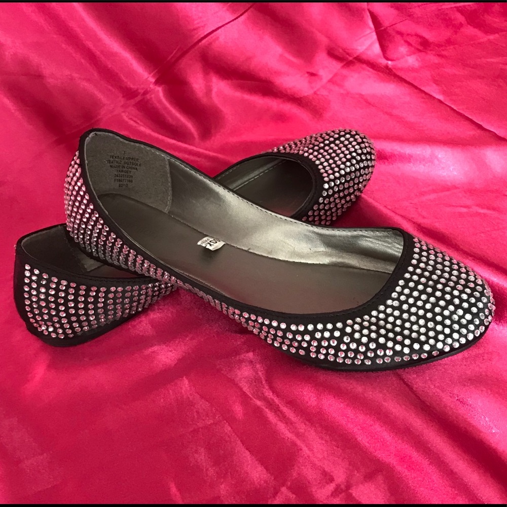 Black ballet flats with clear gemstones. Size 7